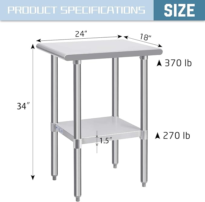 Hally Stainless Steel Table for Prep & Work 24 x 18 Inches, NSF Commercial Heavy Duty Table with Undershelf and Galvanized Legs for Restaurant, Home and Hotel