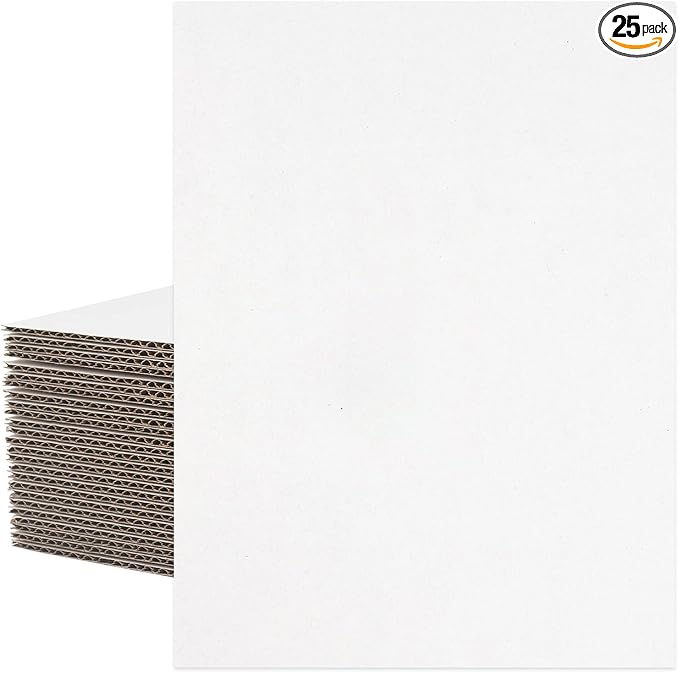 Mat Board Center, 25 pack 9x12 Corrugated Cardboard sheet, 1/8 inch thick, Flat Cardboard Inserts for Mailing, Packaging & Shipping, Cardboard Backing, Craft Card Board (White on one side)