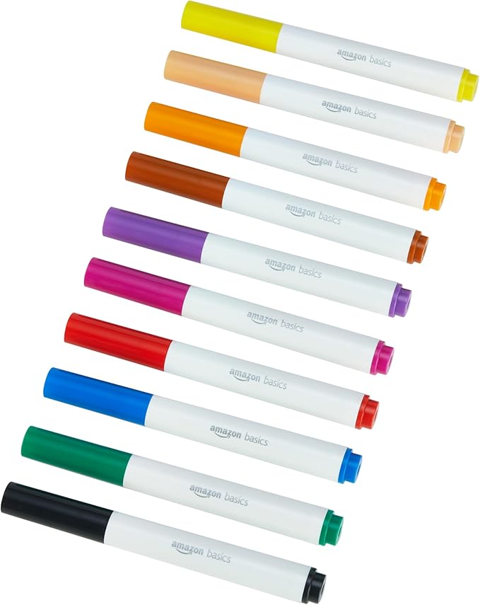 Amazon Basics Colored Markers Pack of 10, Broad Line Washable Markers, Multicolored for Drawing, School