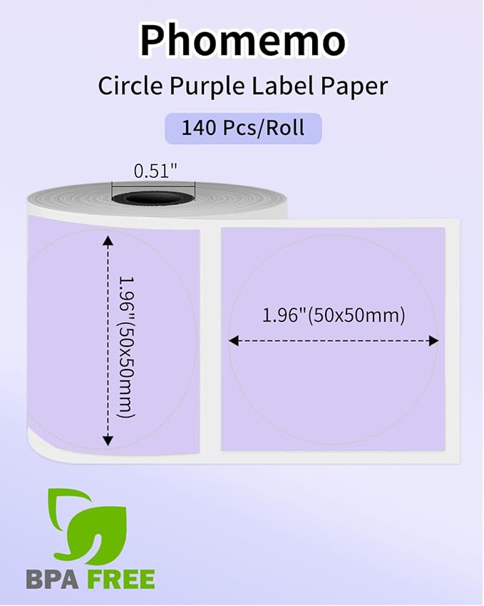 Phomemo Purple Circle Thermal Sticker Label Compatible with M100/M110/M220/M250/M120/M200/M150 Label Maker, Size 1.96" x 1.96" Round Thermal Label