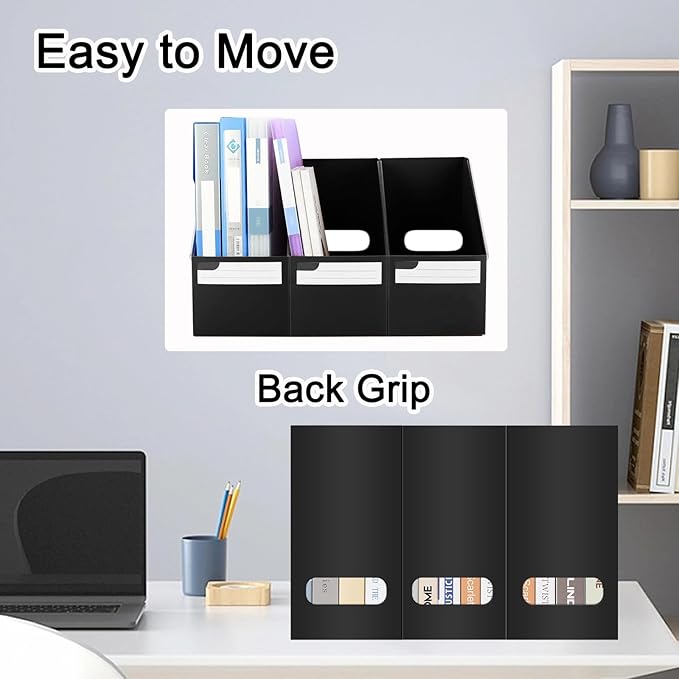 SAYEEC Black Plastic Magazine File Holder, 3 Pack Foldable Folder Holder with Labels, Vertical File Paper Organizer Magazine Storage Box Rack Book Bins for Desk, Shelves, Classroom, Office, Home