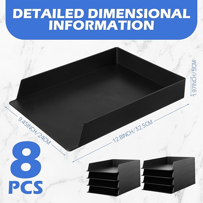 Wenqik 8 Pcs Stackable Paper Trays Rectangular Plastic Desk Tray Holder Desktop Document File Paper Organizer Plastic Storage Letter Tray for Office Classroom, Black