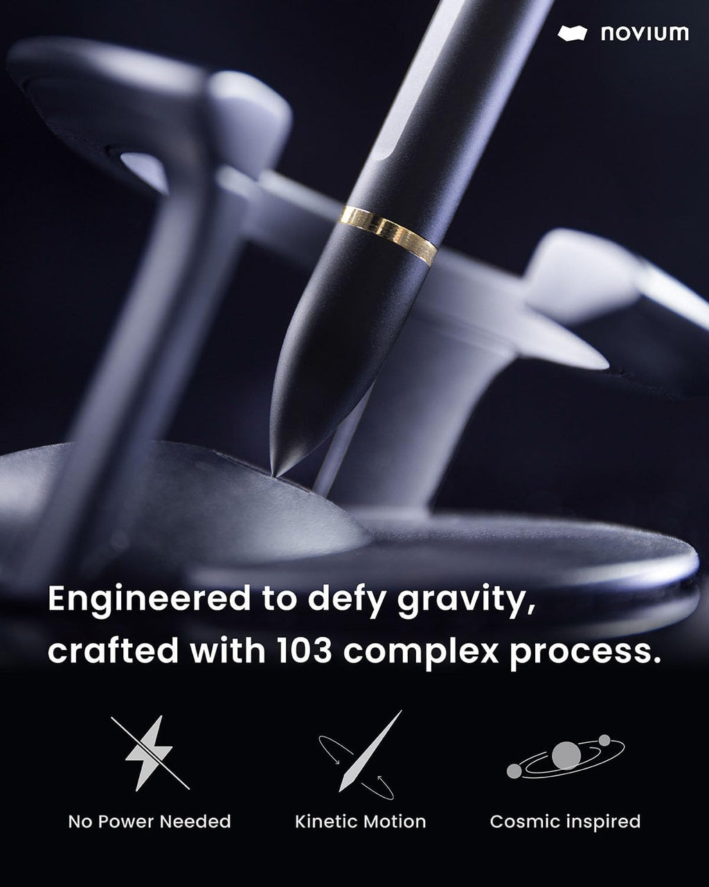 novium Hoverpen Interstellar - Space Black, Ballpoint Pen, 18K Gold-plated Pen Ring, 23.5 Degree Angle, Schmidt Ballpoint Refill, No Spills, No Spotting, No Explosions
