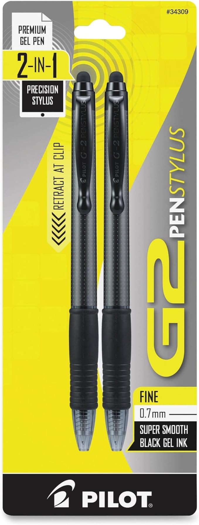 Pilot, G2 Pen Stylus, Fine Point 0.7 mm, Pack of 2, Black Ink, Gray Barrel