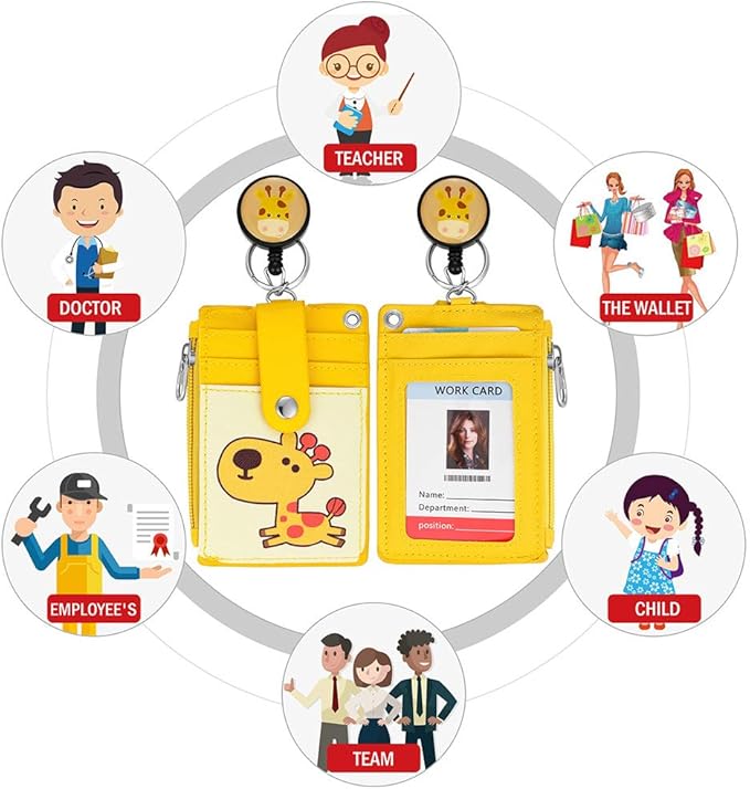 Cute Badge Holder Retractable Lanyard Reel Clip with Heavy Duty Carabiner, 1 Clear ID Window, and 4 Card Slots in 2 Sided for Students Teens Boys Girls Women (01 Yellow Deer)