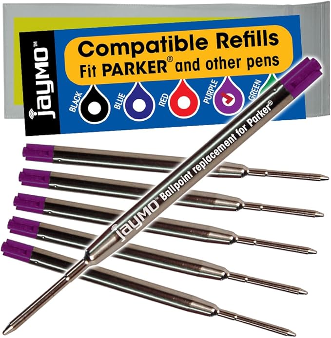 Jaymo Replacement for Parker 1950369/1950370/1950371 and Bastion - Measures 3.875 in / 98 mm Long - G2 Ballpoint Pen Refill - 6 Purple