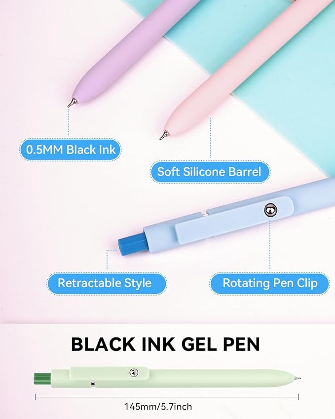 FIOVER Gel Pens, 5pcs Black Ink Fine Point 0.5mm Smooth Writing Pens with Comfort Grip, Aesthetic Ballpoint for Journaling School Office Supplies, Gifts for Women Men (Macaroon)