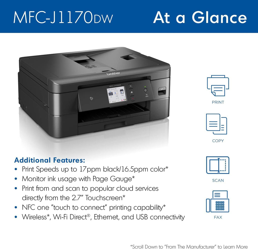 Brother MFC-J1170DW Wireless Color Inkjet All-in-One Printer, NFC One-Touch Print, Duplex, Cloud Print & Scan, Mobile App Control, 2.7" Touchscreen, Works with Alexa