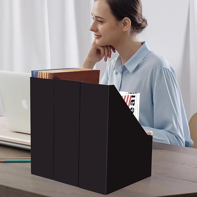 Magazine File Holder( 3Pack,Black) Paperboard Book Organizer- Desk Magazine File Organizer for Home, Office, Classroom-Storage Box for Dounments with Label Stickers.