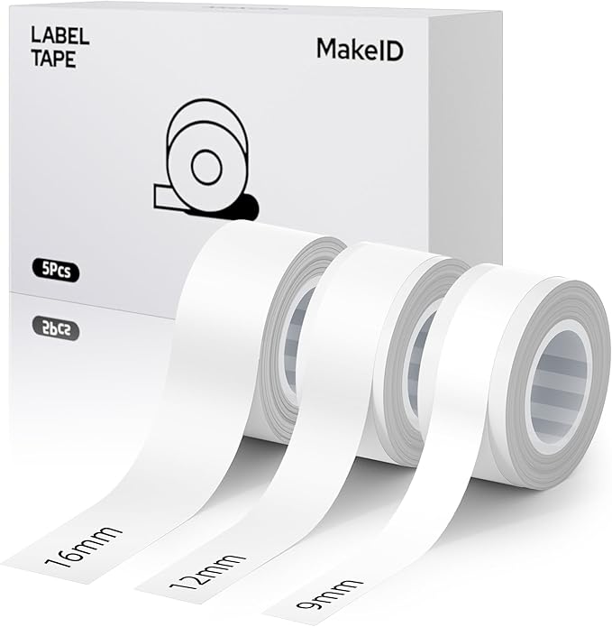 MakeID L1 E1 Q1 Label Maker Tape Refills, 3-Roll 9/12/16mm Continuous Consumables Thermal Laminated Office Labeling Tape Replacement