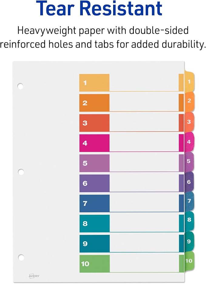Avery 10 Tab Dividers for 3 Ring Binders, Customizable Table of Contents, Multicolor Tabs, 3 Sets (11072)