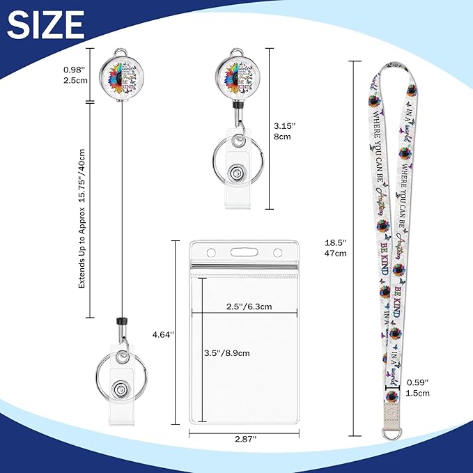 Giancomics Be Kind Lanyards for Id Badges, Cute Floral ID Badge Holder with Retractable Reel, Waterproof Lanyards for Cruise Ships Cards Key Work Name Tag Zip Card Holder Protector 2 Pack