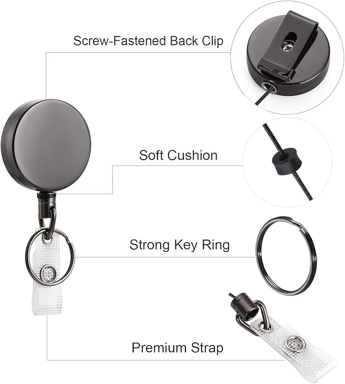 Will Well ID Badge Holder Reel with Clip and Keyring - Heavy-Duty All-Metal Casing with 24.4" UHMWPE Fiber Pull Cord for Easy Access, Holds up to 8 Keys - 2-Pack, Small Round, Glossy Black