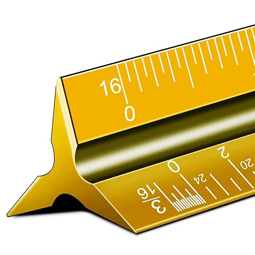 Aluminum Architectural Scale - 12" Imperial, Triangle Drafting Ruler (Golden)