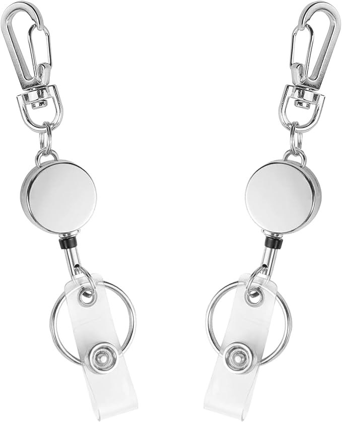 2 Pack Metal Retractable Badge Reel ID Badge Holder with Cord and Carabiner Key Chain (Silver)