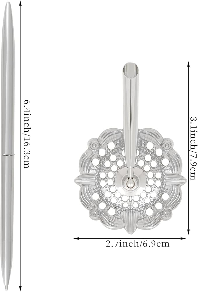 jiebor 2Pcs Silver Wedding Pen and Metal Pen Stand Holder Set Signing Desk Ballpoint Pen for Guest Book Bridal Teacher Wedding Engagement Graduation Business Home Office Gift Supplies Black Ink