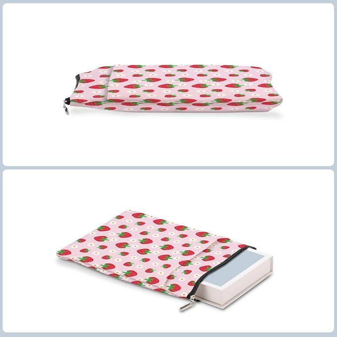 Strawberry Pattern Book Lovers Gifts Waterproof Book Sleeve Book Pouch Book Protector with Zipper and Front Pocket BookCover Case for Women Girl Grandma Mom Book Accessories Book Club Gifts