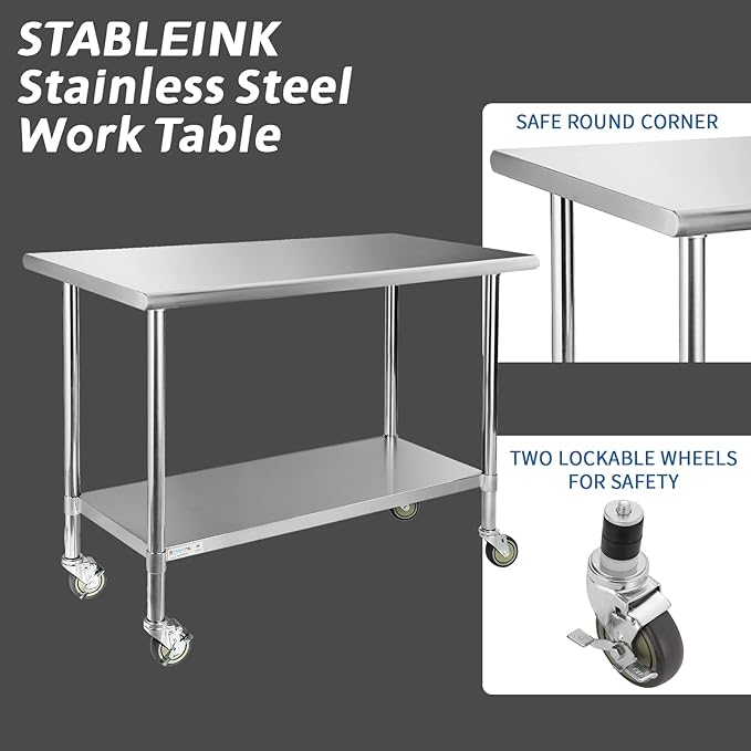 STABLEINK Stainless Steel Table with Caster Wheels 24 x 60 Inches, NSF Commercial Prep & Work Table with Adjustable Undershelf and Table Foot, for Commercial Kitchen, Restaurant, Hotel and Garage