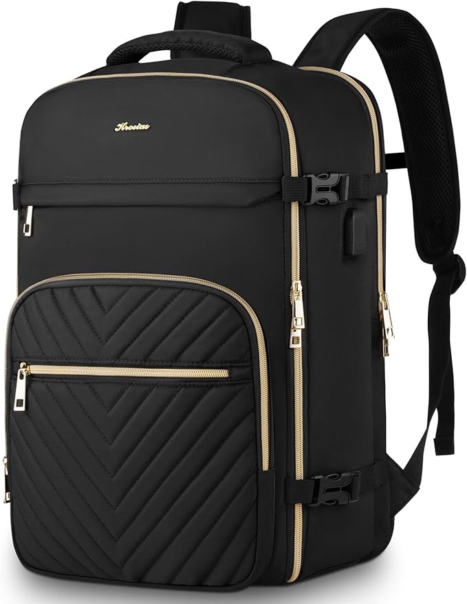 Travel Backpack for Women, Carry On Backpack for Airplanes Flight Approved, Waterproof Large Weekender Overnight Bag Fit 17 Inch Laptop with USB Charging Port, Black