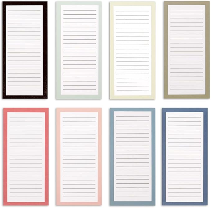 8 Magnetic Notepads – Notepads for Grocery List, Shopping List, To-Do List, Reminders -Strong Magnetic Back- Memo Notepad with Solid Pattern Designs | 25 Sheets per Pad 7.5 x 3.5 inch (8 Pack)