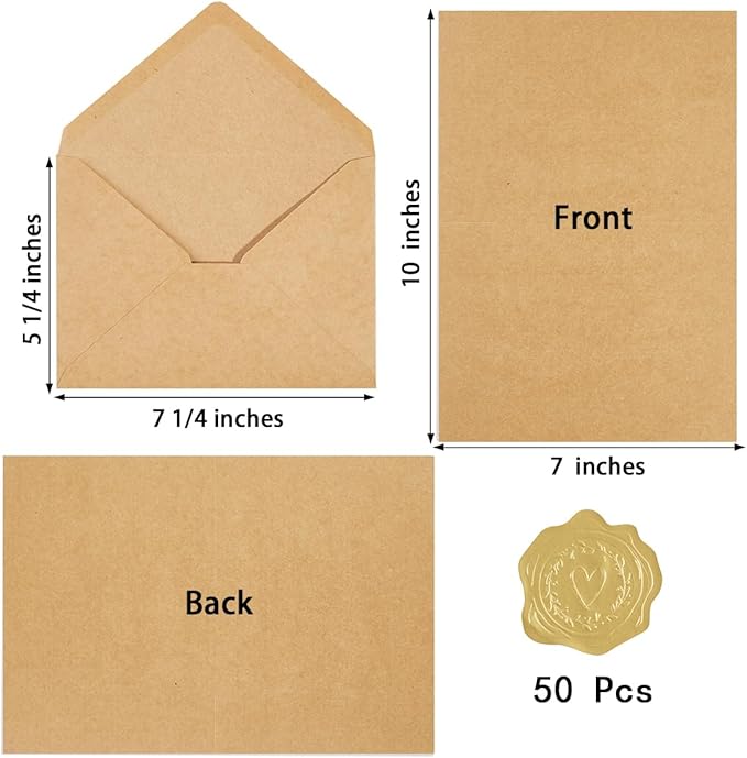 50 Pack Kraft A7 Envelopes with Cards 5x7 Thick Folded Cardstock and Gold Stickers for Greeting Cards, Wedding, Birthday, Invitations, Baby Showers (Kraft Paper, 5x7)
