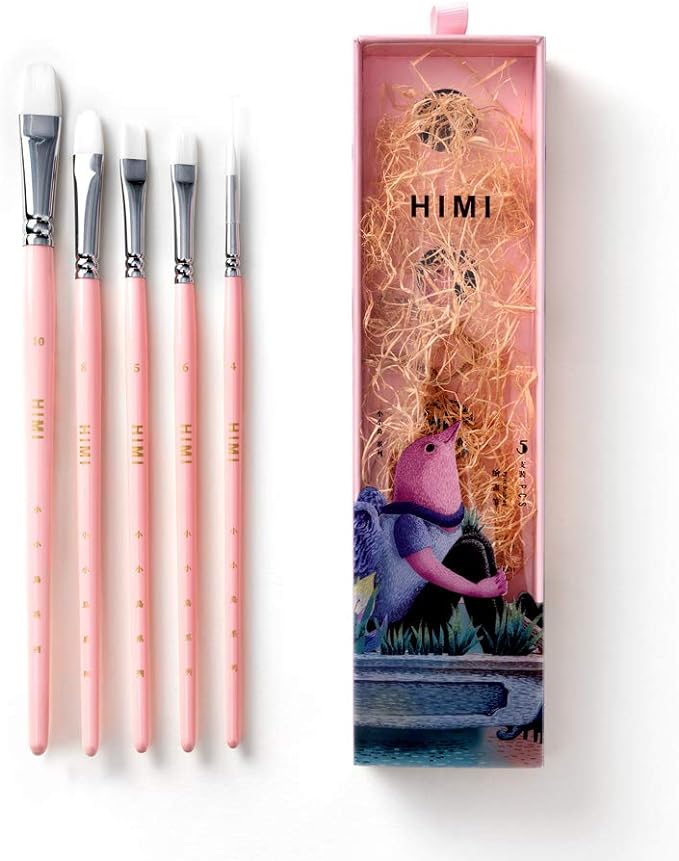 HIMI Little Bird Paint Brushes Set 5 Pcs for Acrylic Oil Gouache Paint，1 Wide Brush, 3 Fan Brush,1 Liner Brush, Interesting Designed Nice Gift for Art hobbyist Beginners Artists (Pink,5 Pcs)