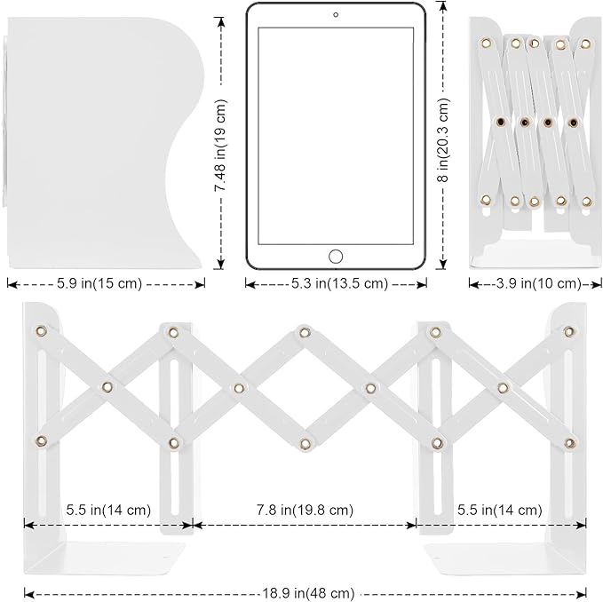 2PCS Adjustable Bookends, Metal Book Ends for Heavy Book, 2 Dividers, Nonslip Book Stander for Desk, Shelf, Office, Stationery Gift, Extends up to 19 inches (White)