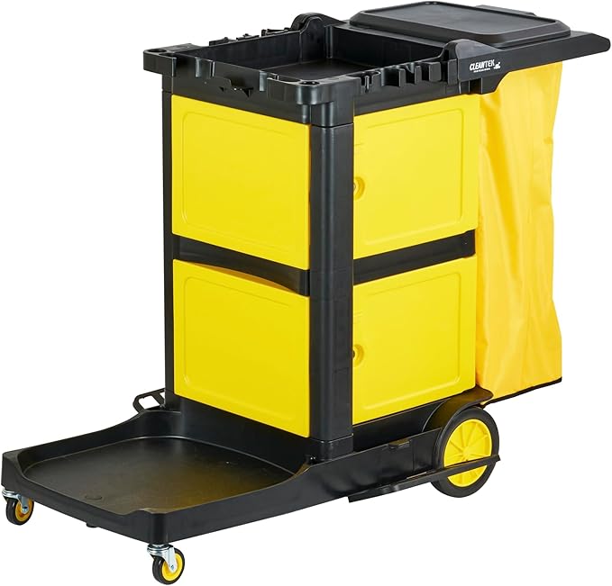 Restaurantware-Clean Tek Professional 3-Shelf Janitor Cart with Wheels, 1 Cleaning Trolley with Cover and 21 Gallon Bag - Includes 1 Double Locking Cabinet, Heavy-Duty, Gray Plastic Janitorial Cart