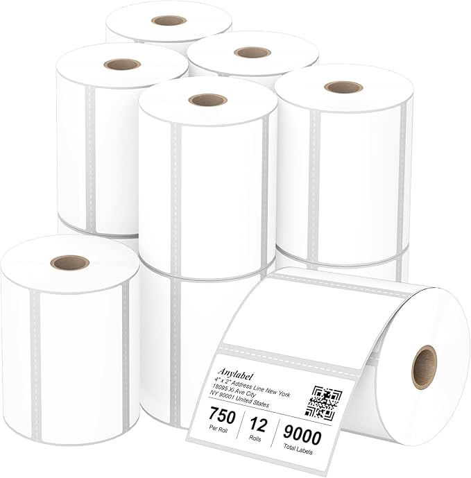Compatible 4" x 2" Direct Thermal Labels Replacement for Barcodes Postage Address Shipping Compatible with Rollo & Zebra Desktop Printers Adhesive & Perforated (12 Rolls, 750 Labels/Roll)
