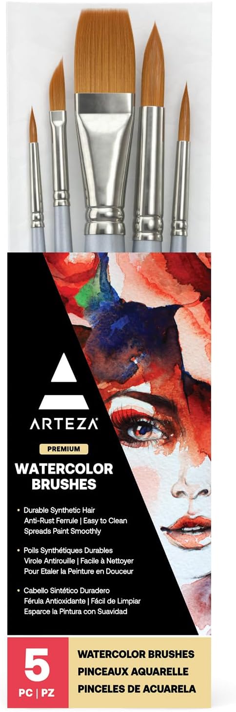 ARTEZA Watercolor Paint Brushes, Set of 5, Assorted Shapes, Synthetic Soft-Bristle Brushes