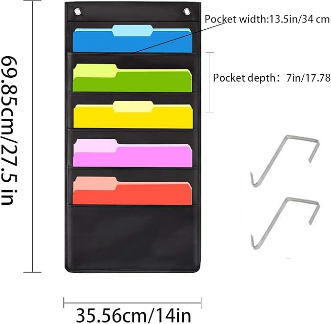 Hanging Wall File Organizer, 5 Pocket, Black Wall Storage Pocket Charts with 2 Hangers, Oxford Cloth Storage Pocket, Over The Door File Organizer, Great for Classroom, Home or Office Use (5 Pocket)