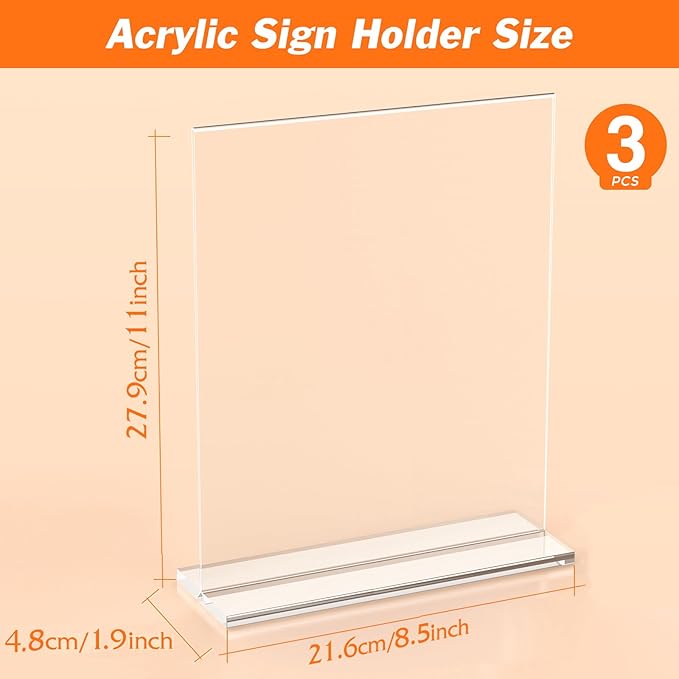 3 Pack Acrylic Sign Holder 8.5 x 11 Inches, Clear Menu Holder Stand, Vertical Flyer Display Stand, Table Paper Holder, Desk Brochure Holder, Plastic Sign Display Stand for Restaurants, Office, Store