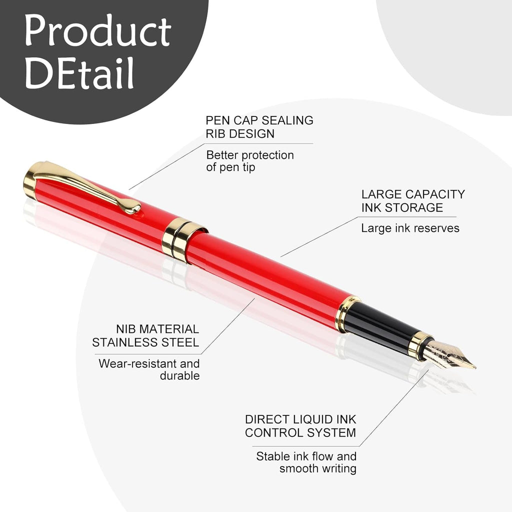 Tiankool Luxury Fountain Pen,Fine Nib, Exquisite Pen Gift Set for Men&Women-Includes 10 Ink Cartridges&Ink Converter- Nice Pens - Red