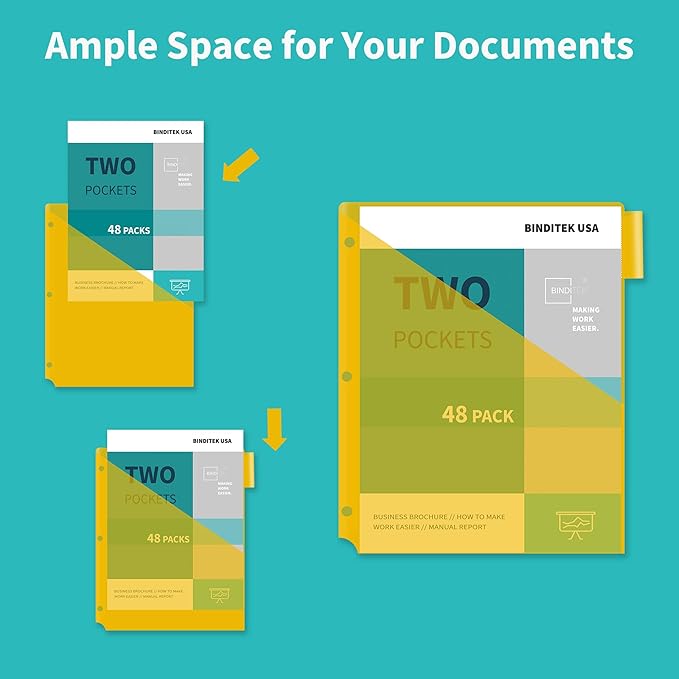 Binditek 48 Pack Plastic 8-Tab Binder Dividers with 2 Pockets, Tab Insertable Poly Pocket Dividers for 3 Ring Binders, Letter Size, Multicolor, Writable Label Cards, for Students and Coworkers, 6 Set