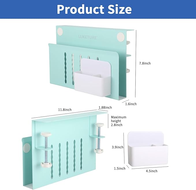 LUKETURE Desk Side Storage, Steel Hanging Organizer, No Drill Laptop Holder with Pen Holder, Side Desk Organizer, Space Saving Table Accessories for Home Office Workspacee (Blue, M(1 Tier))