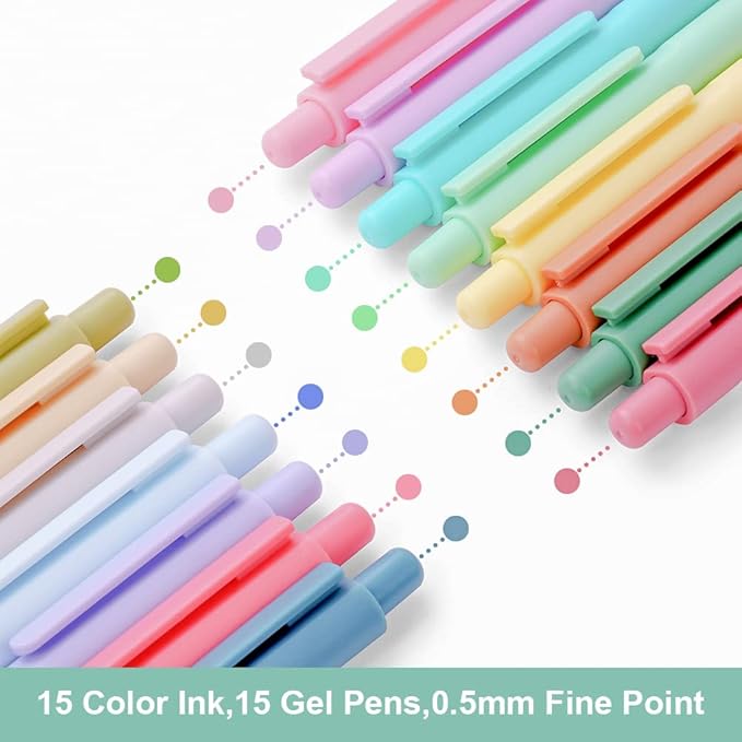 AUAUY Colored Retractable Gel Pens, 15PCS Cute Retractable Quick Dry Gel Ink Pen, Cute Pens 0.5mm Medium Point Quick Drying for Writing Drawing Journaling Note Taking School Office Home