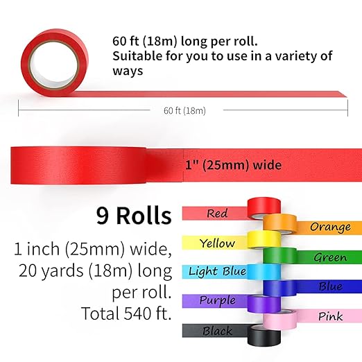 Colored Masking Tape Rolls, 1 inch Wide Total 540 ft Long, Craft Tape Color Painters Tape Colorful Art Tape Rainbow Labeling Tapes Marking Tape for Kids Crafts Moving Classroom, 9 Colors