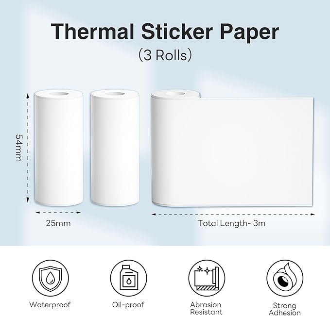 Thermal Paper Self-Adhesive Sticker Paper for Mini Thermal Pocket Printer D1,Black on White 50mm x 3m,25mm Diameter,3-Rolls for Notes,Texts,Journal Photo and Notebuddy