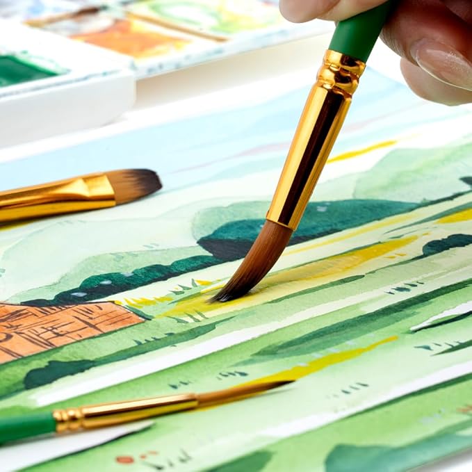 Transon Art Painting Brush Assorted Set of 12 for Acrylic Watercolor Gouache Hobby Painting Green