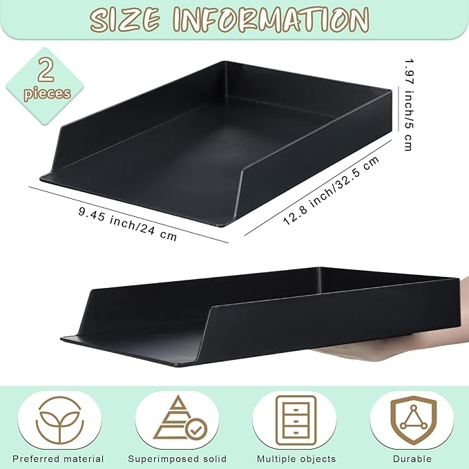 Wenqik 2 Pcs Stackable Paper Trays Rectangular Plastic Desk Tray Holder Desktop Document File Paper Organizer Plastic Storage Letter Tray for Office Classroom, Black
