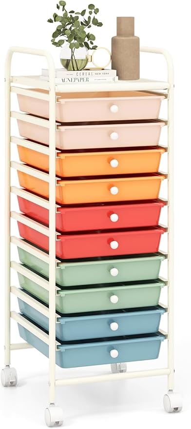 Storage Cart, Rolling Utility Cart with 10 Drawers, Portable Handles & Lockable Wheels, Mobile Paper Toys Storage Organizer Large Capacity for Home Office School Teacher (Macaron)
