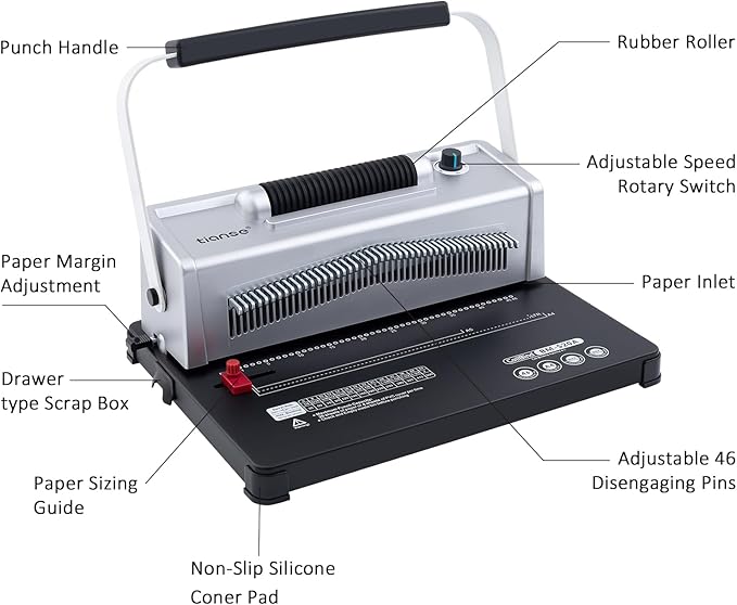 TIANSE Spiral Coil Binding Machine, Manual Book Maker Punch Binder with Electric Coil Inserter, Comes with 100pcs 5/16" Plastic Coil Binding Spines & Plier for Letter Size, A4, A5 or Smaller Sizes
