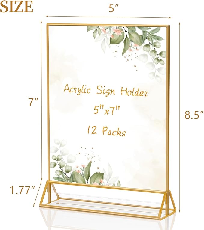 Gold Frames 5 x 7 Acrylic Sign Holder Double Sided Wedding Table Number Holder Clear Plastic Gold Picture Frames Flyer Holder for Table Menu Photo Display-12 Packs