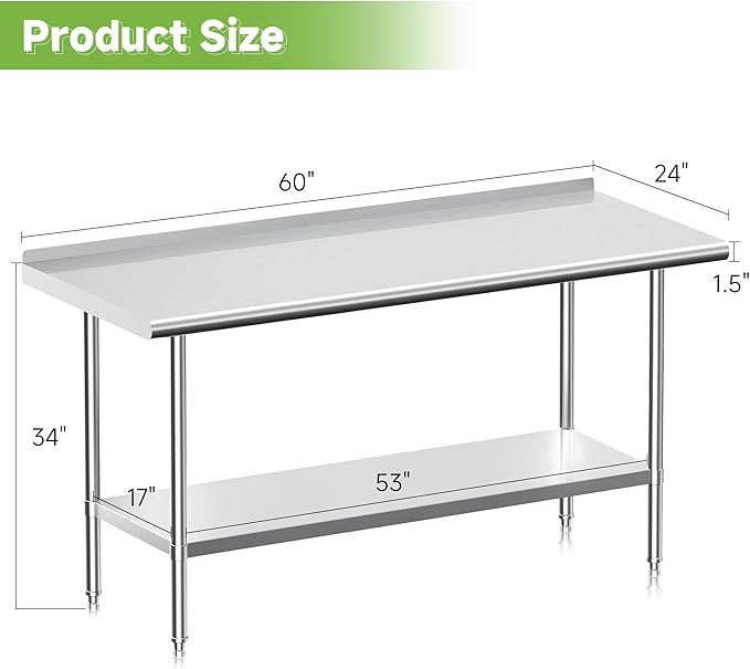 Real Relax Stainless Steel Table with Backsplash, NSF Commercial Heavy Duty Stainless Steel Table for Prep with Adjustable Undershelf, for Indoor & Outdoor- 24" D x 60" W x 34" H