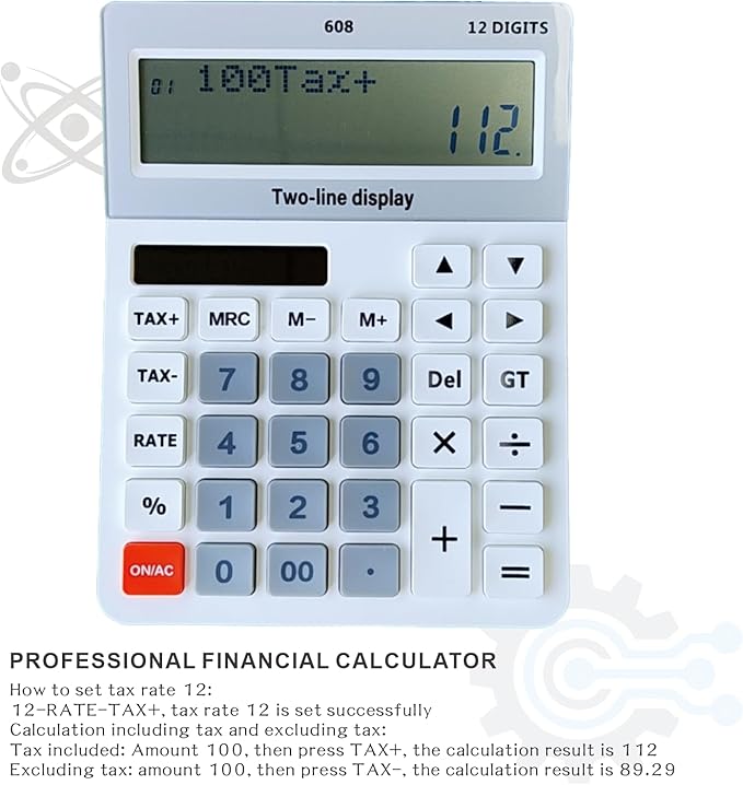Battery and Solar Unique 120-Step Calculation Check Memory 12 Digit 2 Line and 5.5" LCD Display, Configurable Tax Rate Financial Calculator for Tax Calculations(Only 1 AAA Battery is Needed)