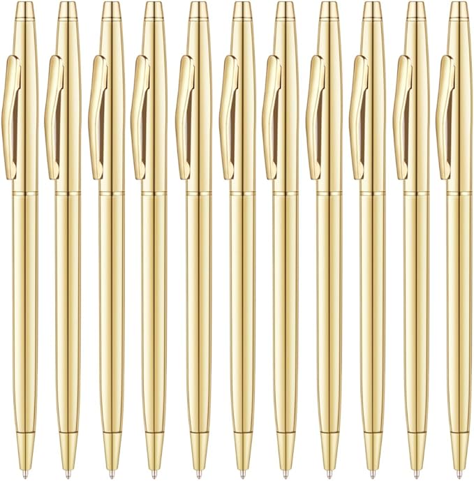 Unibene 12 Pack Slim Gold Ballpoint Pens Black Ink 1 mm - Black ink, Nice Gift for Business Office Students Teachers Wedding Christmas
