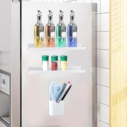 Magnetic Book Shelf for Whiteboard, Magnetic Book Holder File Rack with a Pen Container and Two Hook Acrylic Book Shelves Metal Floating Book Display Shelf for Teacher Kids Room Office(White)