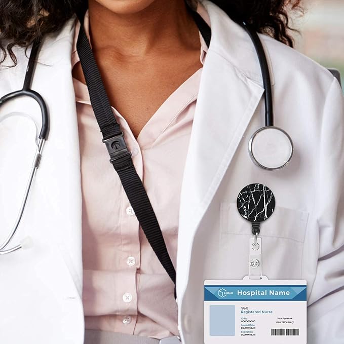 Retractable Badge Reel, Badge Holder with Alligator Clip, Cute Badge Clip on ID Name Card Holders for Nurse Doctor and Office (Marble Black and White)