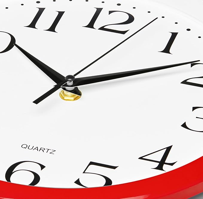 Bernhard Products Red Wall Clock Silent Non Ticking - 10 Inch Quality Quartz Battery Operated Round Easy to Read Home/Kitchen/Office/Classroom/School Clocks, Vintage Retro Red Frame Black Numbers