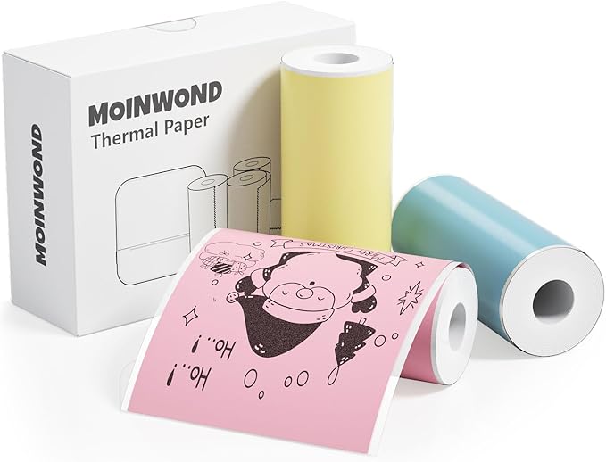 Thermal Paper Self-Adhesive Sticker Paper, Black on Pink/Blue/Yellow 57 x 25mm, 3-Rolls for Texts Notes Journal Photo and Notebuddy